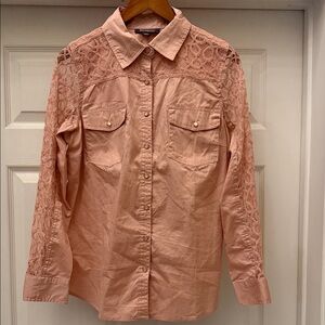 Roaman’s Pink Lace Sleeve Western Snap Button Down Shirt 14W Coastal Cowgirl